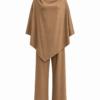 Camel Brown Cowl Neck Poncho Top and Wide Leg Pants Set