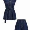 Dark Indigo Denim Two-Piece Set with Sleeveless Top and Shorts