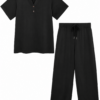 Black Short Sleeve Split V-Neck Top and Wide Leg Pants Set