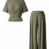 Sage Green Crew Neck T-Shirt and High Rise Pleated Wide Leg Pants Set